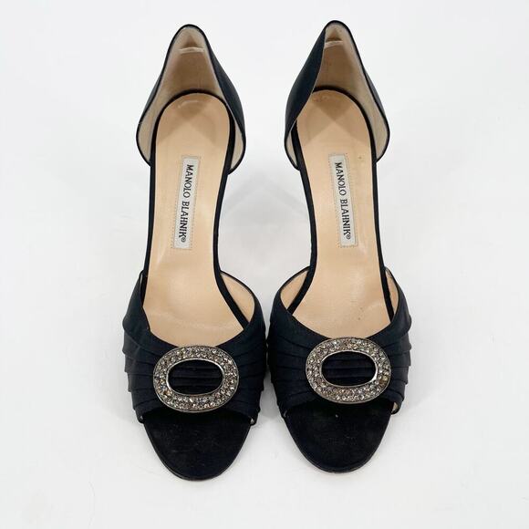 Manolo Blahnik y2k Black Satin Sedaraby Crystal D’Orsay Peep Toe Heels IT 41 - Picture 7 of 14